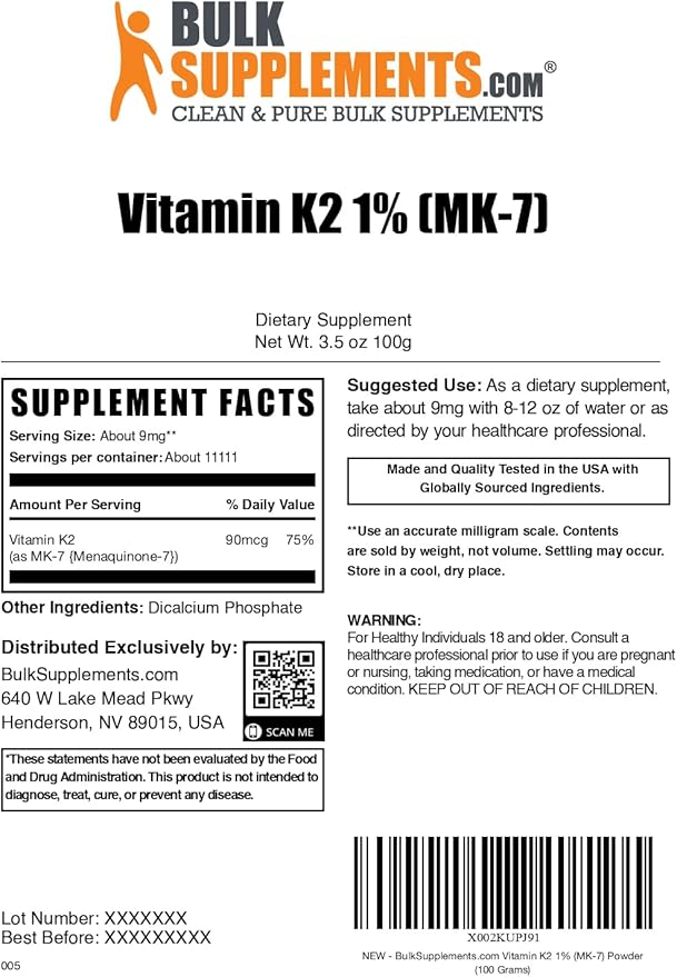 BulkSupplements.com Vitamin K2 Powder - Vitamin K2 MK-7, as Menaquinone Powder - K2 Vitamin Supplement for Wellness, Gluten Free, 9mg per Serving, 100g (3.5 oz) (Pack of 1)