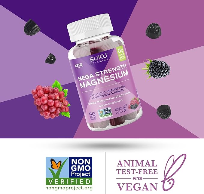 SUKU Vitamins - Mega Strength Magnesium - 177 mg of Magnesium Bisglycinate Gummies for Muscle Function - Easy to Chew - Non GMO, Gluten Sugar Free - Grape BlackBerry Flavored Gummy Vitamins (50 Count)
