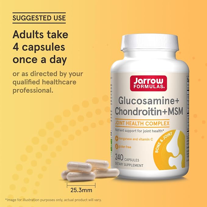 Jarrow Formulas Glucosamine, Chondroitin, and MSM Capsules; Joint Support Supplement with Vitamin C and Manganese, Bone & Joint Health, 240 Capsules, 60 Day Supply