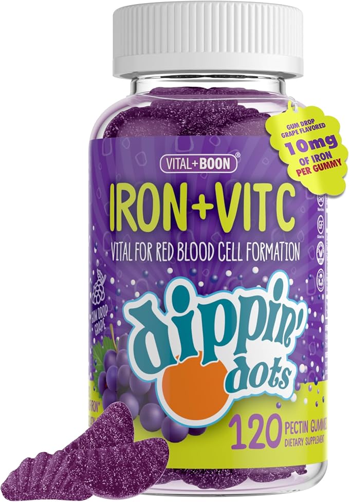 Vital+Boon - Iron with Vitamin C & B12 Gummies (120 Count) Vital for Red Blood Cell Formation | Gum Drop Grape Real Pectin Fruit Chew Supplements | Vegan, Non-GMO, Gluten Free & Gelatin Free