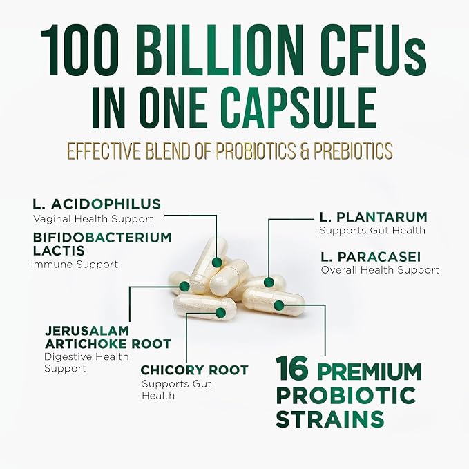 Probiotics 100 Billion CFU Per Serving - 16 Premium Probiotic Strains Prebiotics - Immune Support, Gut Health, Occasional Constipation, Gas & Bloating, Probiotics Supplement, USA Bottled, 60 Capsules