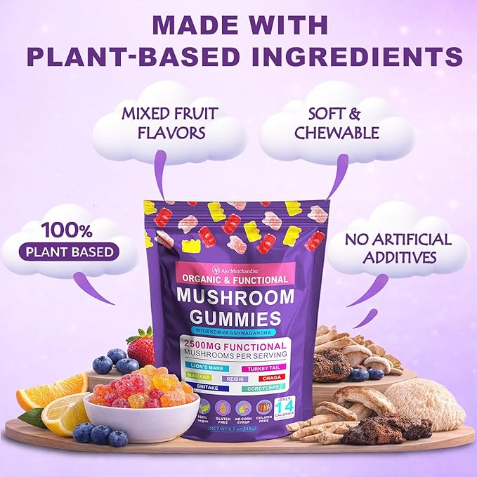 Mushroom Gummies with Ashwagandha, Lion’s Mane, Reishi, Cordyceps, Turkey Tail, Maitake, Shiitake & Chaga, Vegan Mushroom Supplement Gummy, Gluten Free, Mixed Fruit Flavor, 80 Count