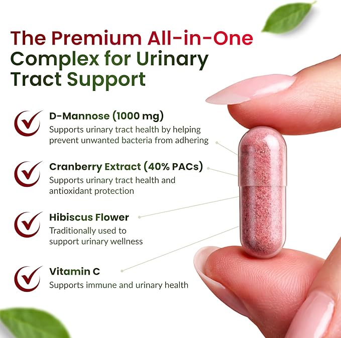 ForestLeaf D Mannose Supplements for Women & Men - D-Mannose 1000mg Capsules with Cranberry, Hibiscus & VIT C - DMannose Pills for UTI, Urinary Tract & Bladder Support - 120 Caps