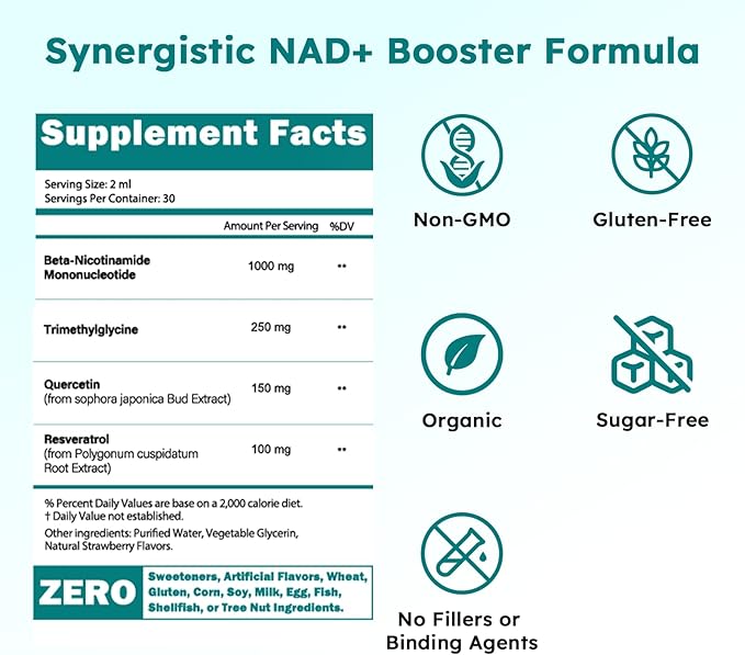 NMN Supplement Liquid Drops,4-in-1 NMN Beta 1000mg w. Quercetin TMG Resveratrol for Anti Aging Energy & Immune Support, NMNH Alternative Liposomal High Absorption for Women Men
