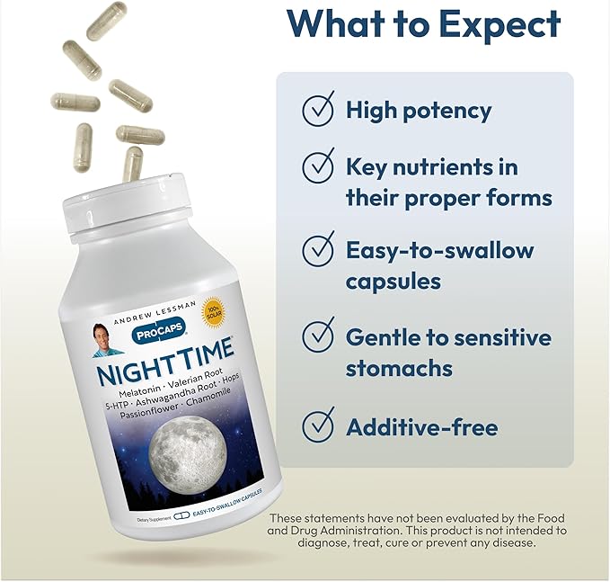 ANDREW LESSMAN Night Time 30 Capsules - 3mg Melatonin, Valerian, Ashwagandha, Passionflower, Hops, Chamomile. No Morning Grogginess. Natural Support, Gentle Restful Sleep. Easy to Swallow Capsules