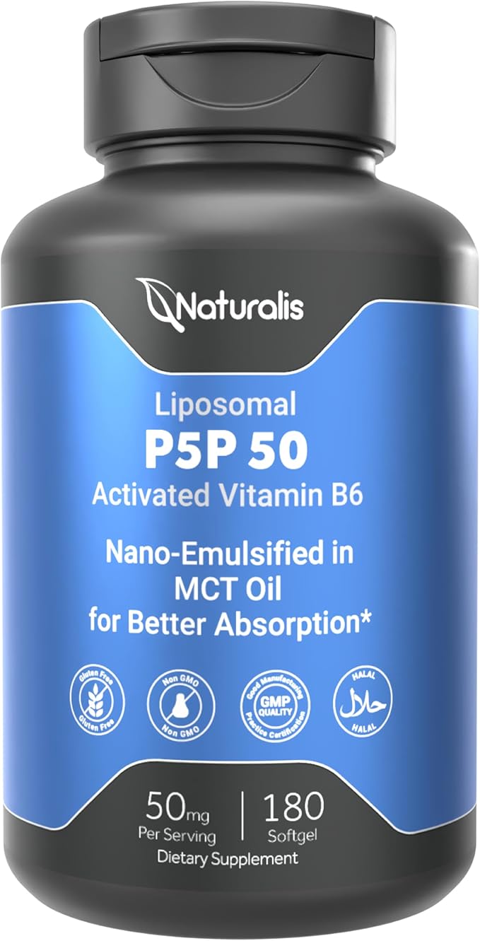 Naturalis Liposomal P-5-P 50mg Activated Vitamin B6 Nano-Emulsified in MCT Oil for Better Absorption | Non-GMO and Soy Free | Support Energy Metabolism and Neurological Function | 180 Softgels