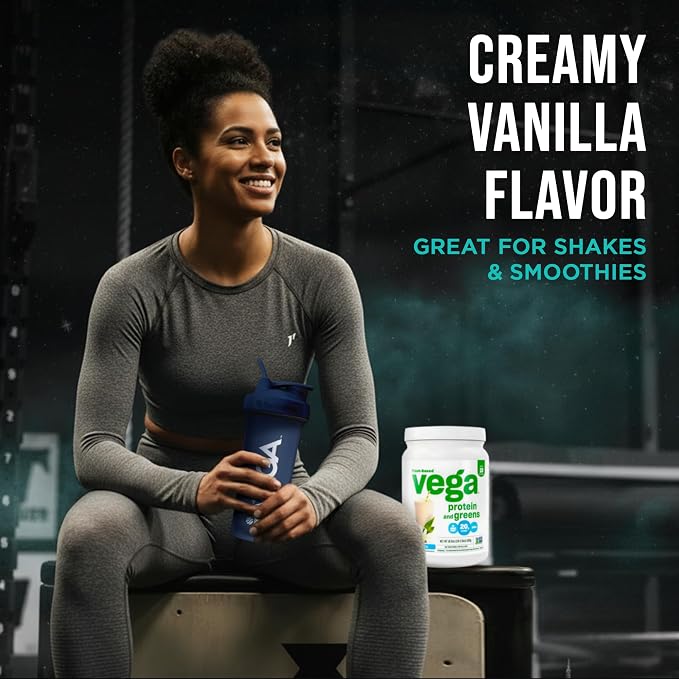Vega Premium Protein + Supergreens, Vanilla – 20g Vegan Protein, Dairy & Gluten Free, 19.2 oz (18 Servings)