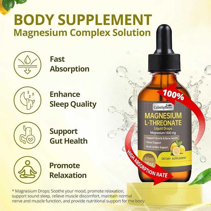 High Absorption Magnesium L-Threonate 1300mg Liquid Drops with L-Theanine&GABA,Supports Brain Function,Deep Sleep Quality&Stress Relief,Natural Lemon Flavor,Fast Acting GMP Certified,Adults & Kids
