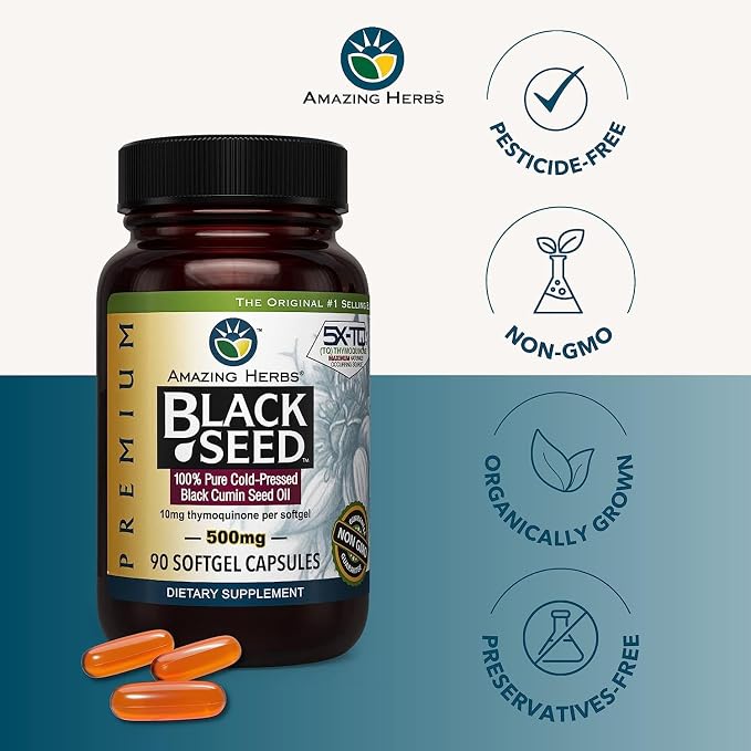 Amazing Herbs Premium Black Seed Oil Capsules - Gluten Free, Non GMO, Cold Pressed Nigella Sativa Aids in Digestive Health, Immune Support- 90 Count, (Pack of 2)