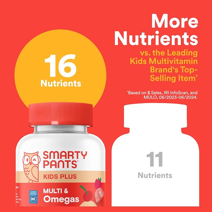 SmartyPants Kids Multivitamin Gummies, Omega 3 (DHA/EPA), Vitamins D3, C, B12, B6, Vitamin A, K & Zinc, Gluten Free, Cherry Berry Punch Flavors, 60 Count (30 Day Supply)