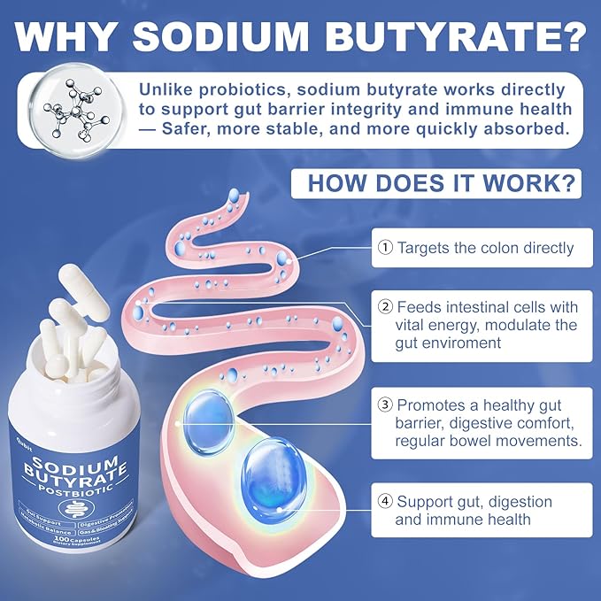 Sodium Butyrate Supplement – Postbiotic for Gut Health, Supports Digestion, IBS, Leaky Gut & Stomach Comfort – Low Odor, Easy to Swallow, No Side Effects – 100 Vegan Capsules