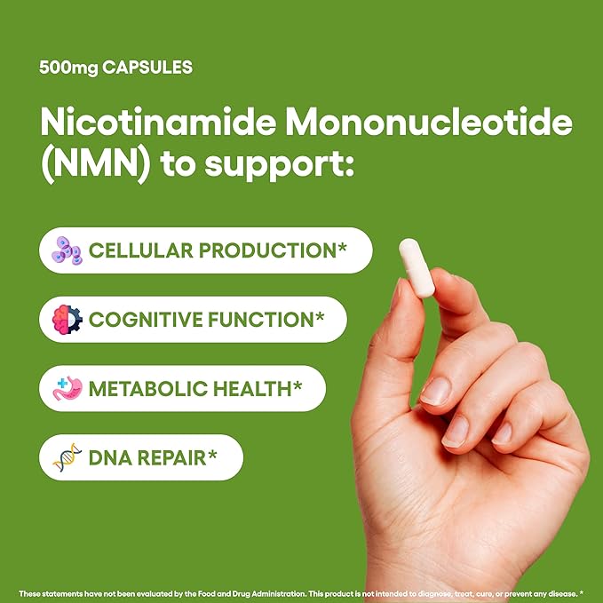 NMN 500mg Capsules 99.3% Purity | Nicotinamide Mononucleotide 30 Servings | Supports DNA Repair & Cognitive Function | Vegetarian Friendly Gluten Free Non-GMO 3rd Party Tested (30 Capsules, NMN)