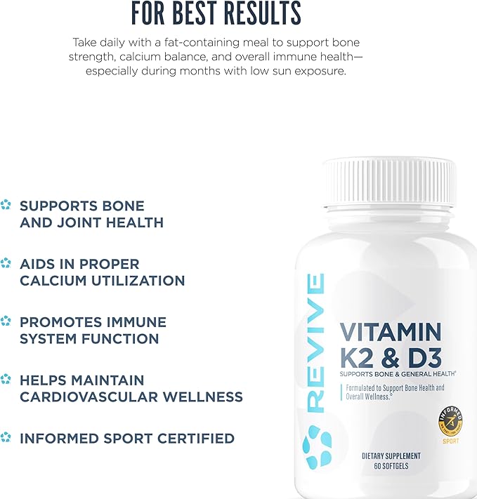 REVIVE MD Vitamin D3 & K2 Supplement for Women & Men - Physician Formulated K2 & D3 Vitamin Supplement Supports Bone Health & Muscle Strength - Immune & Cardiovascular Support (60 Servings)