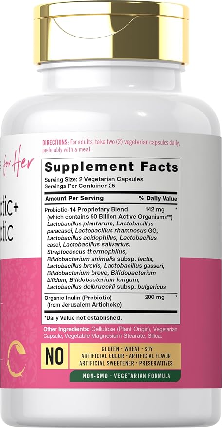 Carlyle Probiotic and Prebiotic for Women | 50 Billion Active Organisms Per Serving | 50 Capsules | with Organic Inulin | Vegetarian Supplement for Women