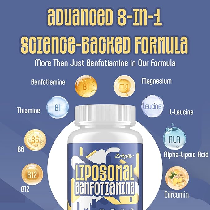 Zaigon Benfotiamine Thiamine Vitamin B1 Supplement, 600mg Liposomal Fat Soluble VIT B1 with Alpha-Lipoic Acid for Men & Women, Energy Boost, Glucose Metabolism & Nerve Support (360 Vegan Capsules)