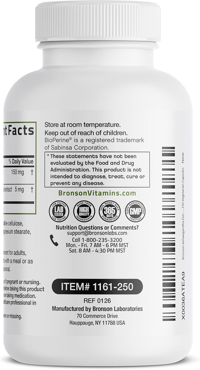 Bronson Ashwagandha Extra Strength Stress & Mood Support with BioPerine - Non GMO Formula, 250 Vegetarian Capsules
