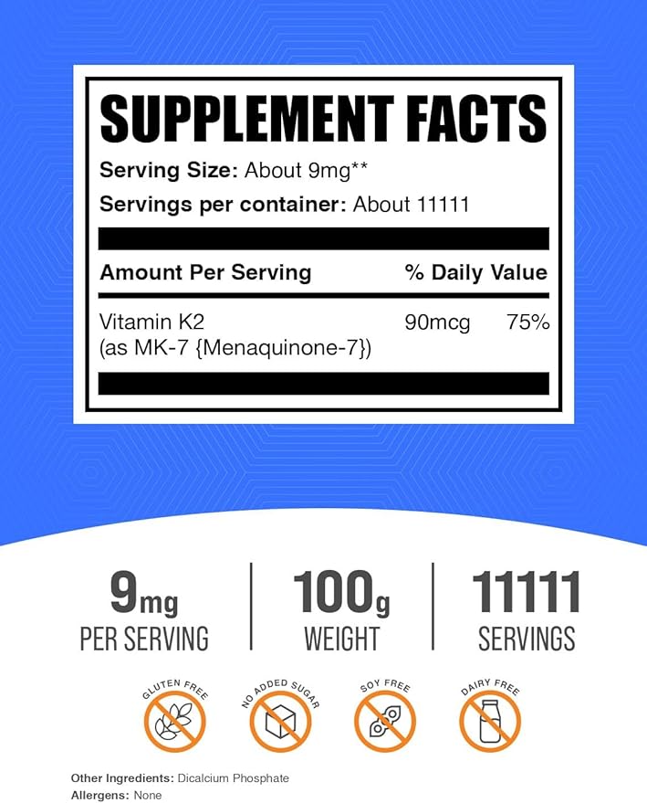 BulkSupplements.com Vitamin K2 Powder - Vitamin K2 MK-7, as Menaquinone Powder - K2 Vitamin Supplement for Wellness, Gluten Free, 9mg per Serving, 100g (3.5 oz) (Pack of 1)