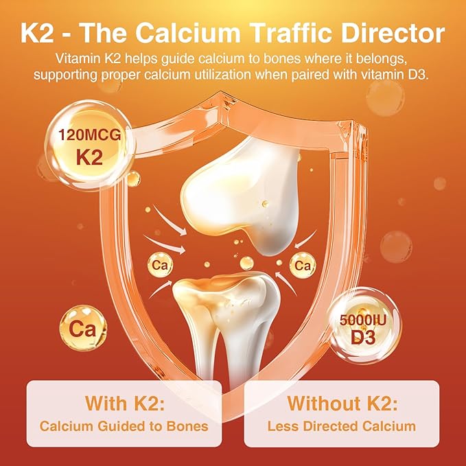 DRFOSTER Vitamin D3 K2, 5000 IU Vitamin D3 Plus 100 mcg of Vitamin K Supplements for Adults for Heart & Bone Health Support, 120 Capsules