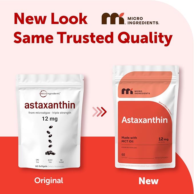 Micro Ingredients Astaxanthin 12mg with MCT Oil, 60 Softgels | Fresh Microalgae Source | Triple Strength, Easy to Swallow, Non-GMO, Gluten Free, Soy Free
