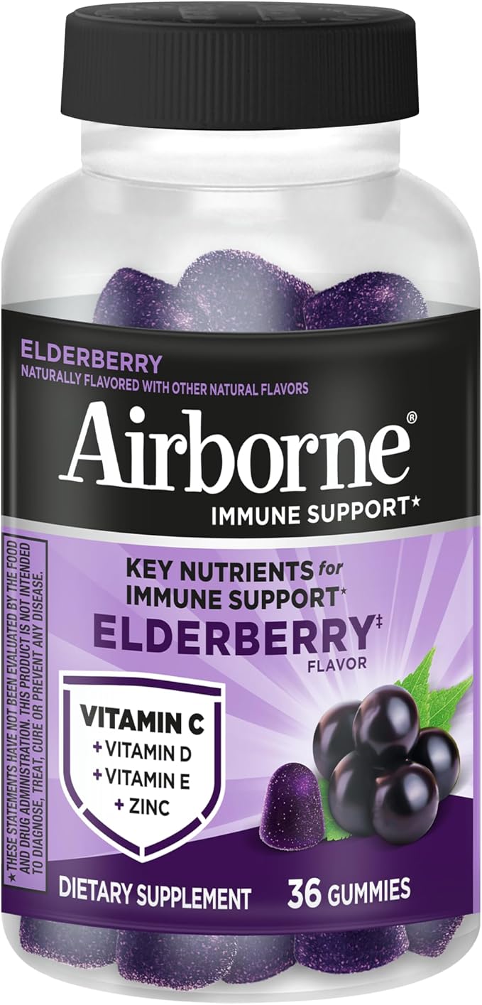 Airborne Elderberry + Zinc & Vitamin C Gummies for Adults, Immune Support with Antioxidants Vitamins C, D & E, 130 Count, Elderberry Flavor