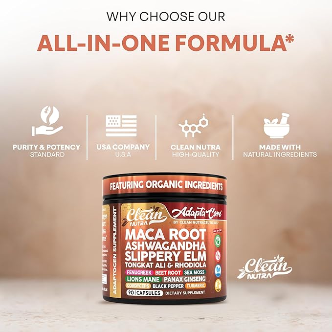 Clean Nutra Organic Maca Root Capsules for Women + Ashwagandha Slippery Elm Tongkat Ali Rhodiola Rosea Fenugreek Beet Root Sea Moss Ginseng Black Yellow Red Maca Powder Supplement 90 Pills