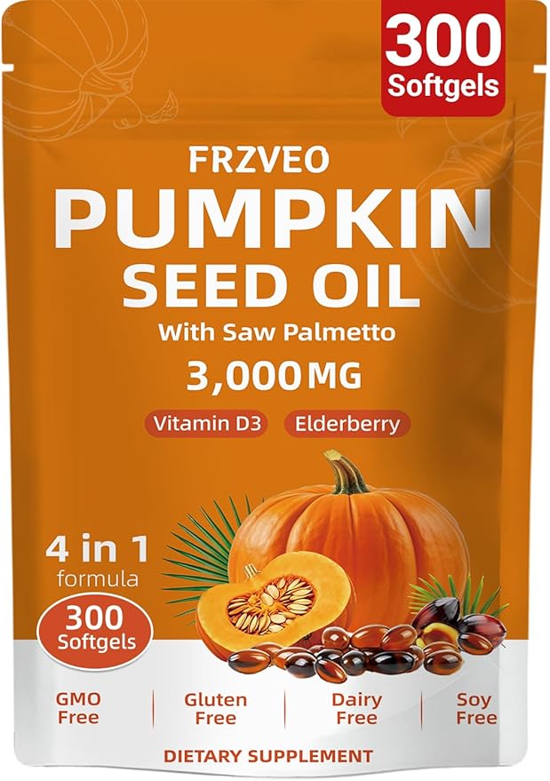Pumpkin Seed Oil with Saw Palmetto, Vitamin D3 & Elderberry-300 Capsules, Pure Virgin Oil, Essential Fatty Acids & Phytosterols-Supports Prostate Function, Hair Health & Urinary Comfort