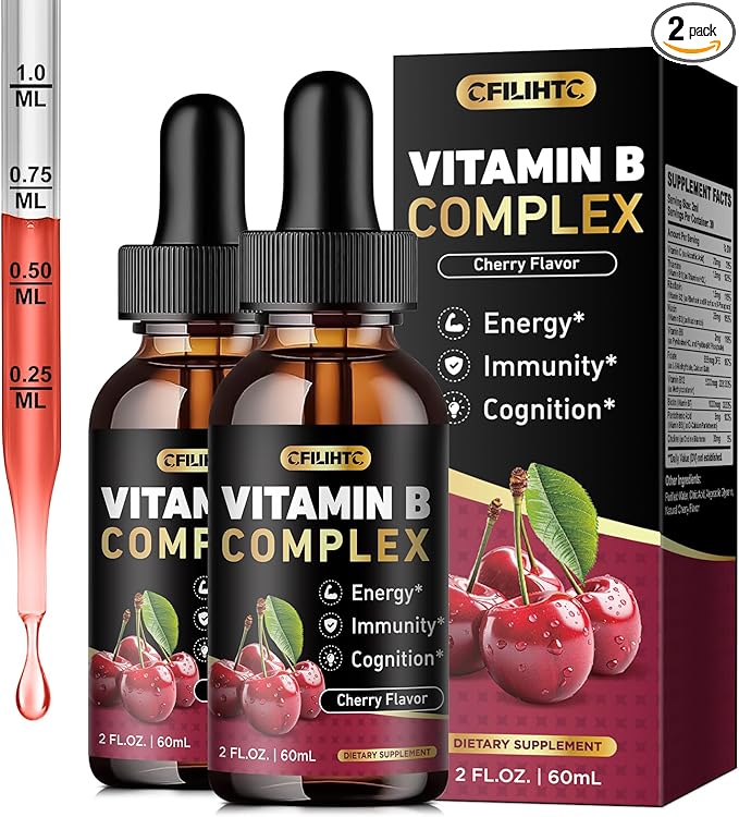 CFILIHTC (2 Pack) Vitamin B Complex Liquid Drops, B Vitamins Complex Supplement with B1, B2, B3, B5 B6, B7, B9 & Methyl B12 Drops for Adults & Kids, Vegan, Cherry Flavor