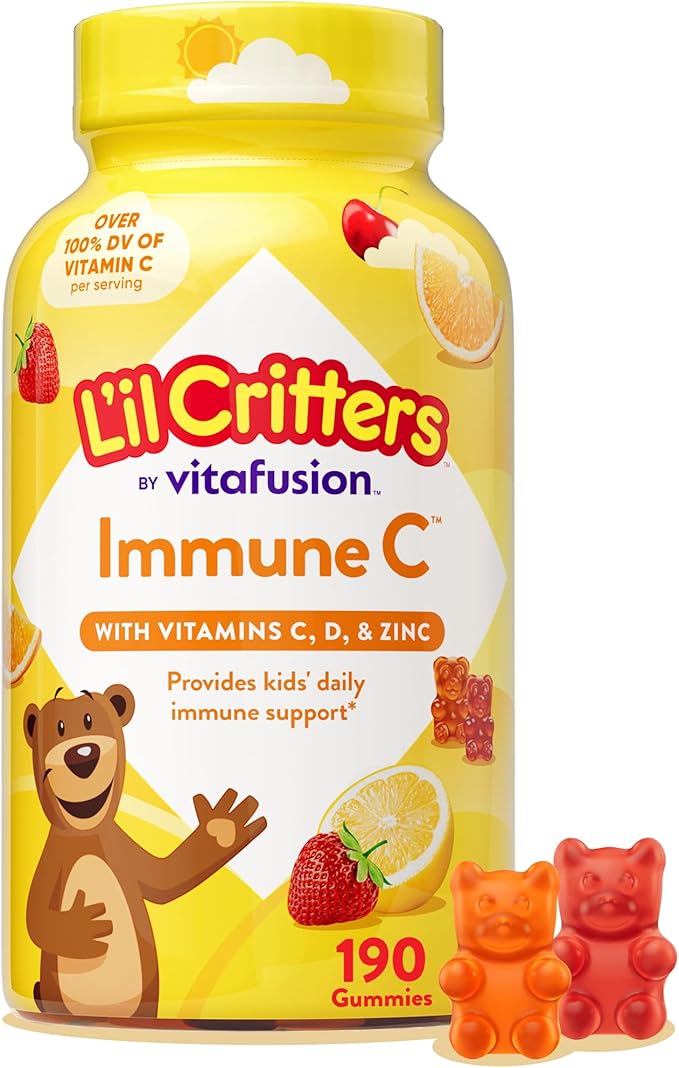 L’il Critters Immune C Daily Gummy Supplement Vitamin for Kids, for Vitamin C, D and Zinc for Immune Support, Orange, Lemon, Strawberry and Cherry Flavors, 190 Gummies (Packaging May Vary)