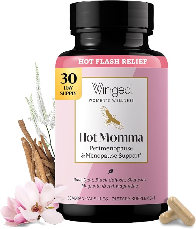 Winged Wellness Hot Momma Menopause Supplements for Women - Hormone-Free Menopause Relief Support for Hot Flashes & Night Sweats with Chaste Tree Berry, Multivitamins & Shatavari - 60 Vegan Capsules