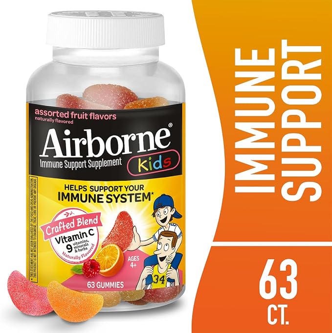 Airborne Kids 500mg Vitamin C Gummies, Kids Immune Support Zinc Gummies with Powerful Antioxidants VIT C & E - 63 Gummies, Assorted Fruit Flavor (Pack of 2)