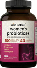 NatureBell Women's Probiotics+ - 240 Vegetarian Capsules - Prebiotic, Probiotic, Postbiotic & Digestive Enzymes - Made with Cranberry, D-Mannose, Inositol & More