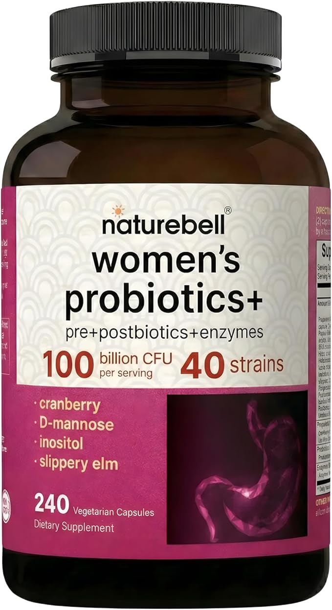 NatureBell Women's Probiotics+ - 240 Vegetarian Capsules - Prebiotic, Probiotic, Postbiotic & Digestive Enzymes - Made with Cranberry, D-Mannose, Inositol & More