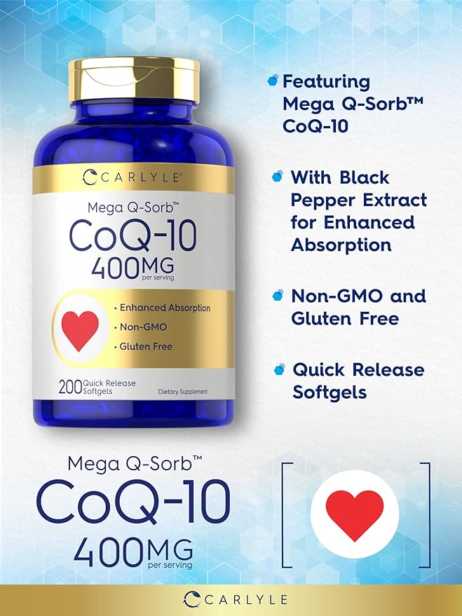 Carlyle CoQ10 400mg Softgels | 200 Count | High Absorption Coenzyme Q10 | with Black Pepper Extract | Non-GMO and Gluten Free Supplement