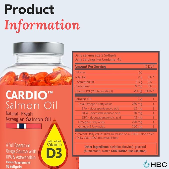Cardio Omega 3 Fish Oil & Vitamin D3-1000mg, Norwegian Salmon Oil with EPA, DHA, DPA & Astaxanthin, No Fishy Aftertaste, Fatty Acids Supplement - 90 Capsules