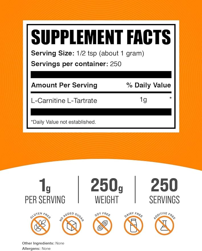BulkSupplements.com L-Carnitine L-Tartrate Powder - Carnitine Supplement, L-Carnitine Tartrate, L Carnitine 1000mg - Amino Acids Supplement, Gluten Free, 1000mg per Serving, 250g (8.8 oz)