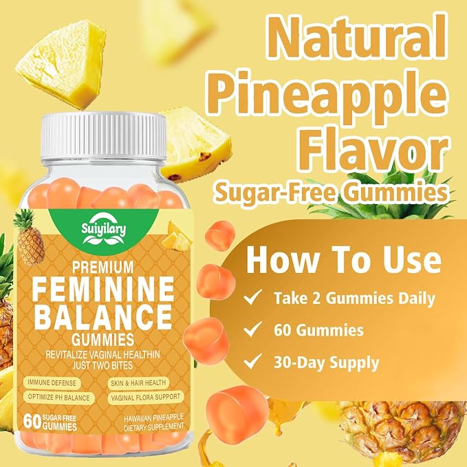 Suiyilary Feminine Probiotics Gummies, Vaginal Health & Women's pH Balance Gummy Supplement with Cranberry Pineapple Powder, Sugar Free Vegan, 60 Count (Pineapple)