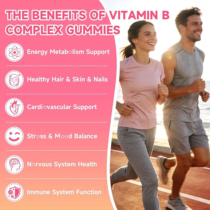 Vitamin B Complex Gummies for Women & Men - Vitamin B12, B1, B2, B3, B5, B6, B-Complex Vitamin Supplements for Energy & Immune Support, Sugar-Free/Vegan, Raspberry Flavor 120 Count
