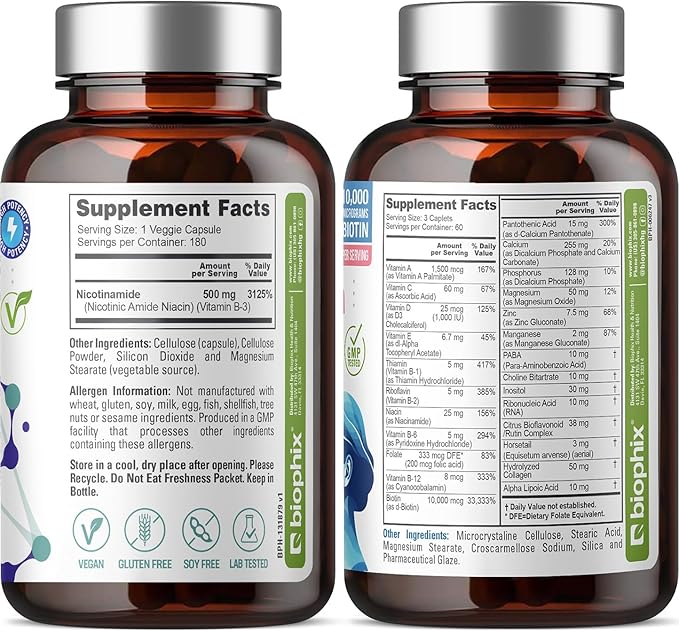 B-3 Nicotinamide 500 mg 180 Vcaps - Hair Skin and Nails 180 Caplets 10000 mcg Biotin - Nicotinic Amide Niacin Natural Flush-Free Vitamin Formula - Supports Skin Cell Health