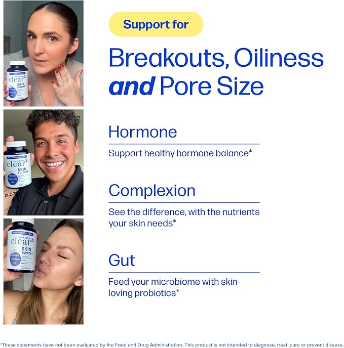 Clear Skin Supplement with Zinc, DIM & Probiotics | Doctor-Formulated | 3-in-1 Hormone, Gut & Complexion Support | Triple Action Hyaluronic Acid & Vitamins for Skin Balance & Glow Support | 120 Ct