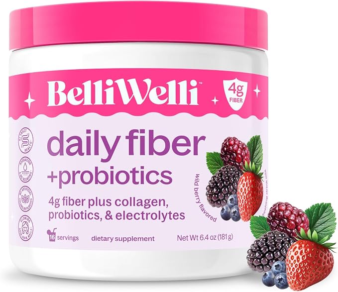 Belli Welli Fiber Supplement for Women & Men – Premium Daily Fiber Powder from Organic Acacia with Added Collagen, Electrolytes & Probiotics – No Bloat, Constipation & Gut Health Support (Wild Berry)