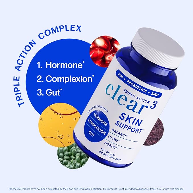 Clear Skin Supplement with Zinc, DIM & Probiotics | Doctor-Formulated | 3-in-1 Hormone, Gut & Complexion Support | Triple Action Hyaluronic Acid & Vitamins for Skin Balance & Glow Support | 120 Ct