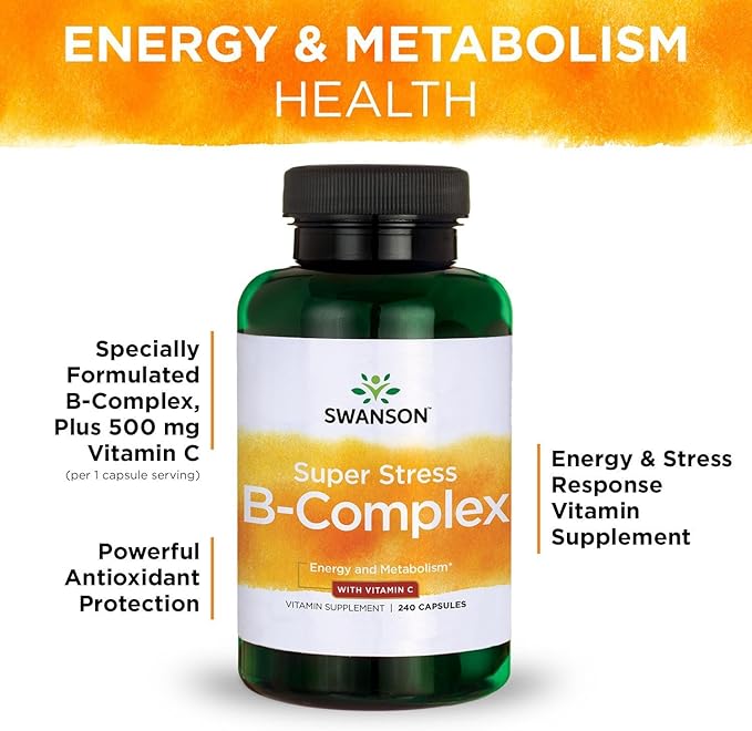 Swanson Super Stress B-Complex Energy and Wellness Supplement for Busy Adults Seeking Daily Vitamin B Support (240 Capsules)