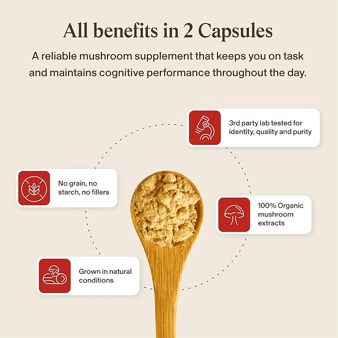 Real Mushrooms RealClarity Capsules – Lion’s Mane, KSM-66 Ashwagandha, Rhodiola & Bacopa – Mental Sharpness, Alertness. & Adaptogenic Support – Vegan, Non-GMO – 60 Count Mushroom Supplement