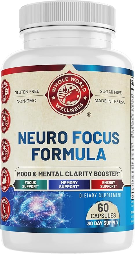 Neuro Focus Formula | Supports Mental Clarity & Focus | Vitamin A,C,D,E,B6 | Gluten Free, Sugar Free, Lactose Free | 60 Capsules | Made in The USA.