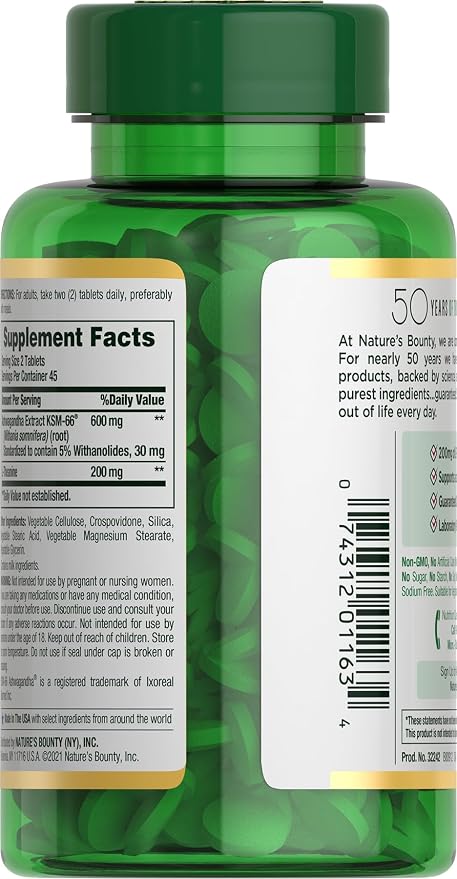 Nature's Bounty Stress Relief, Ashwagandha KSM-66, Supports Occasional Stress Relief, Dietary Supplement, 2 Tablets per Day, Vegetarian Tablets, Gluten Free, 90 Count (Pack of 2)