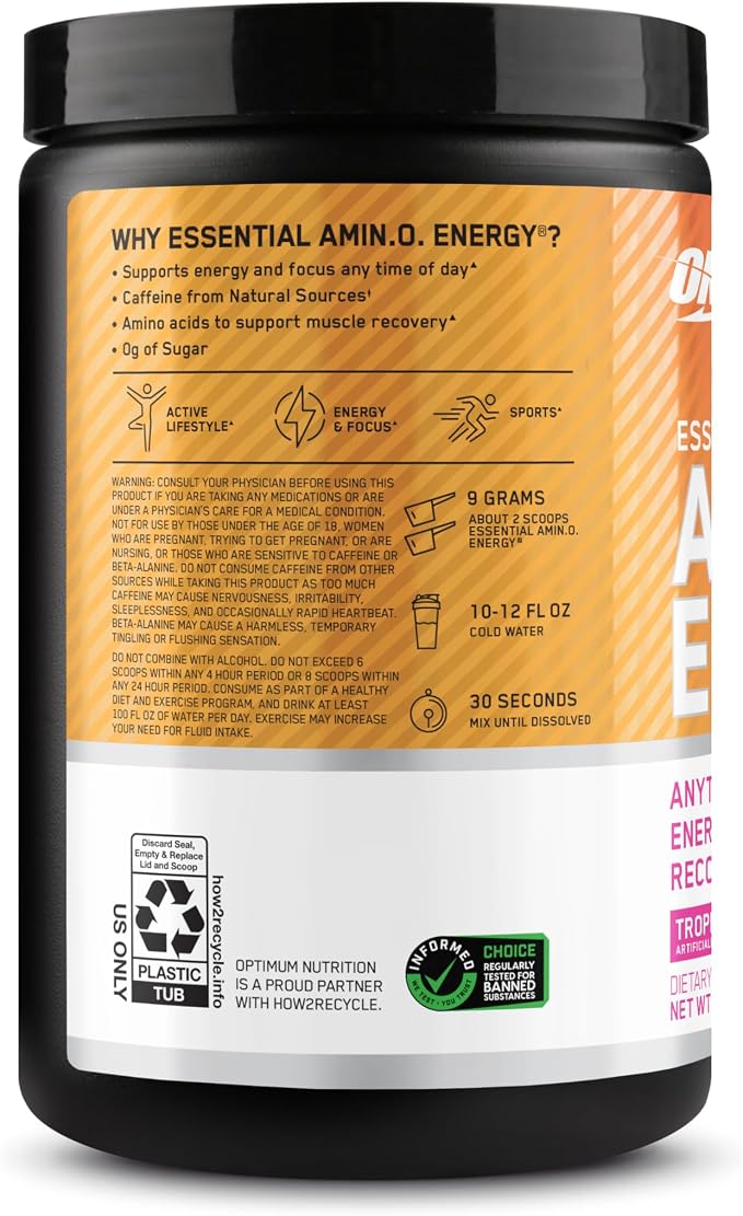Optimum Nutrition Amino Energy - Pre Workout with Green Tea, BCAA, Amino Acids, Keto Friendly, Green Coffee Extract, Energy Powder - Tropical Sunrise, 9.5 Ounce, 30 Servings (Packaging May Vary)