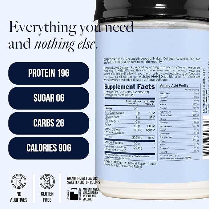 NAKED Chocolate Collagen Advanced - Peptides Protein Powder, Hyaluronic Acid, Vitamin C, Pasture-Raised, Grass-Fed Hydrolyzed Collagen Supplement, Paleo Friendly, Non-GMO, Keto, Gluten Free, 1.3LB
