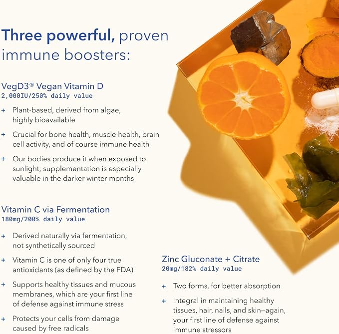 TRU NIAGEN Immune Support Supplement - Daily Defense, Vitamin C from Fermentation, Vegan Vitamin D3 2000 IU, Zinc, Plus Theracurmin (Curcumin) + Multi Award-Winning NAD Boosting Niagen 150mg 60ct