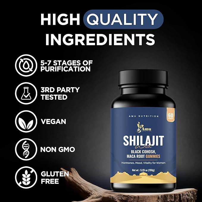 AMU NUTRITION Shilajit Gummies for Men & Women with Maca Root & Black Cohosh (60 Count (Pack of 1), Maca Root & Black Cohosh)