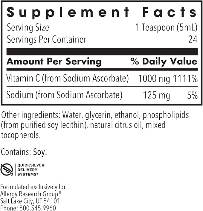 Allergy Research Group Micro Liposomal C 1000mg Supplement - Liquid Vitamin C, Sunflower Phospholipids, Sodium Ascorbate, Organic, Bioavailable, Non-GMO - 4 Fl Oz